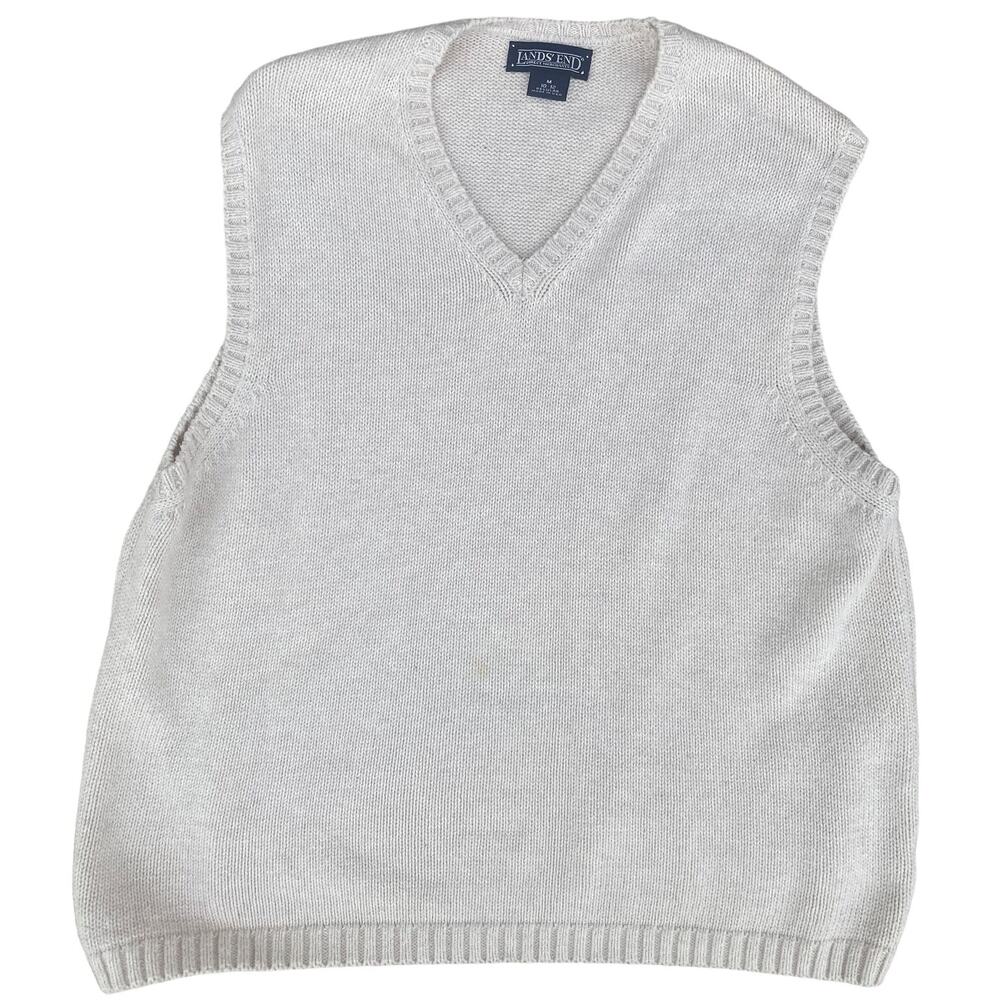 Vintage Lands End white Sweater Vest Womens M 10-12 Cotton V Neck Pullover - Picture 1 of 4